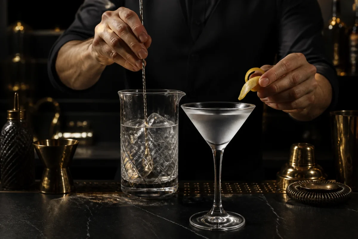 Bartender removiendo y decorando un cóctel Dry Martini
