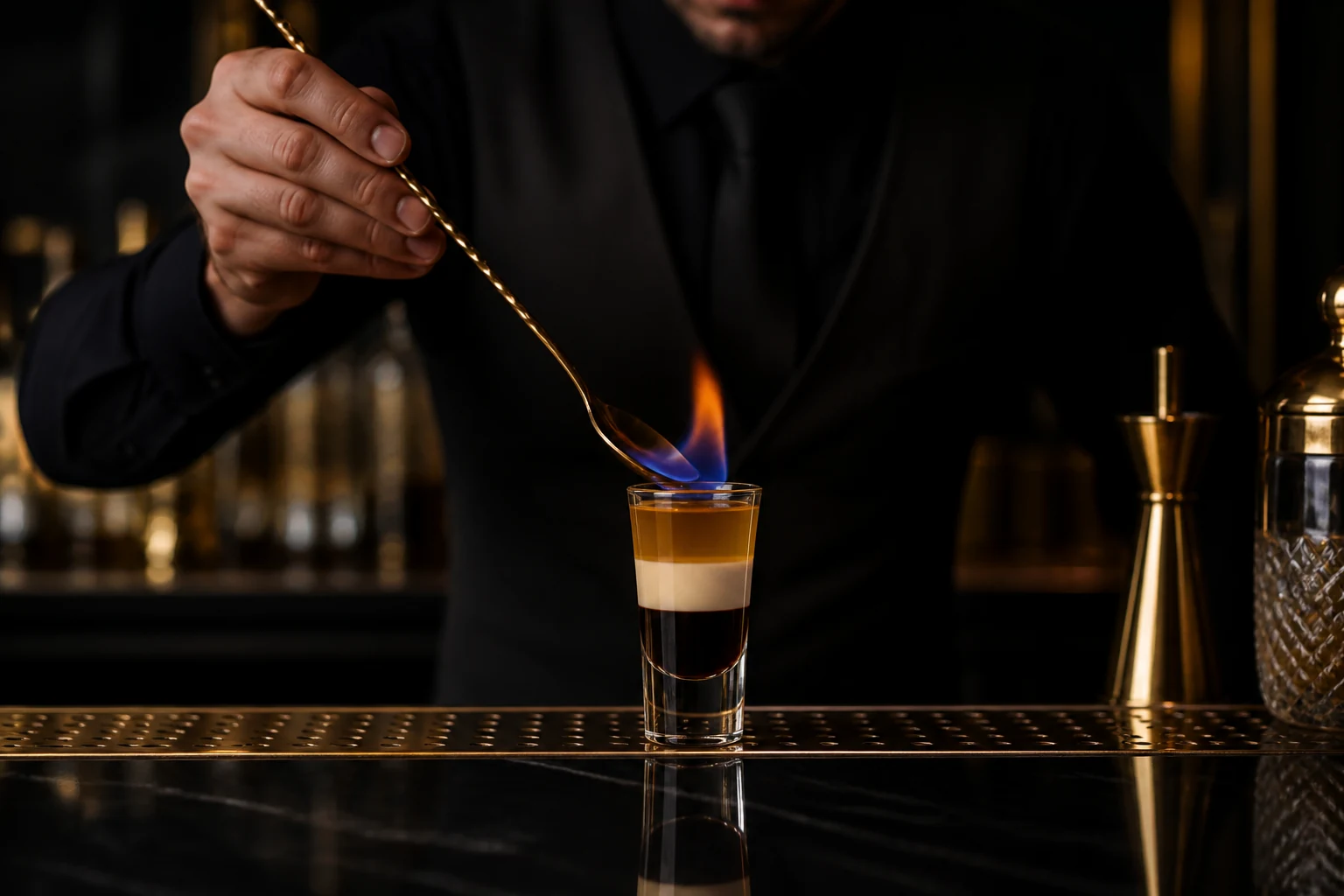 Bartender preparando un cóctel B-52 flameado por capas