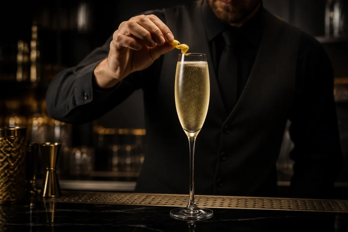 Bartender decorando un cóctel French 75 con limón