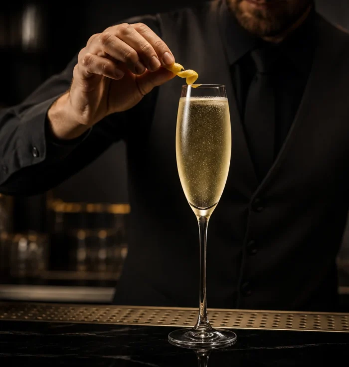 Bartender decorando un cóctel French 75 con limón