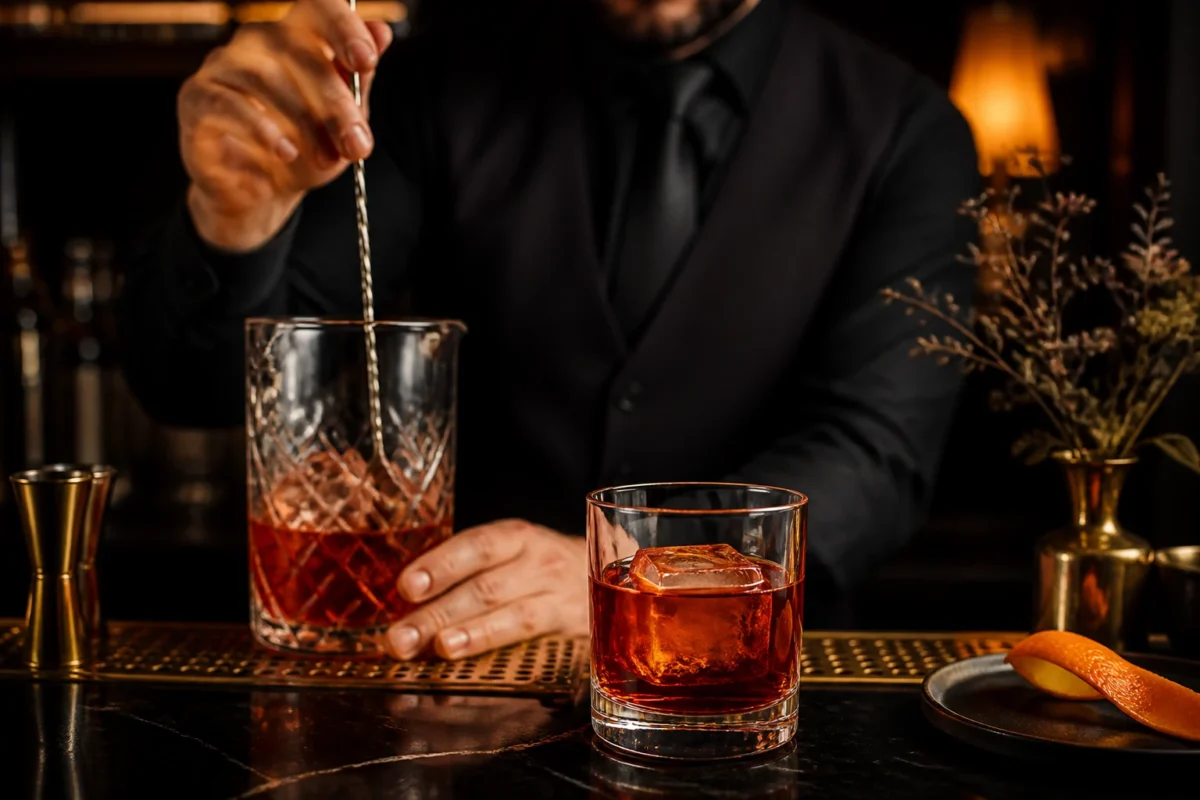 Bartender removiendo un cóctel Negroni en una barra oscura