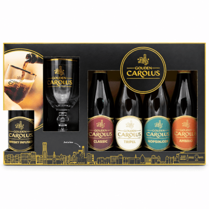 Estuche Gouden Carolus con cinco cervezas y vaso oficial