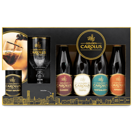 Estuche Gouden Carolus con cinco cervezas y vaso oficial