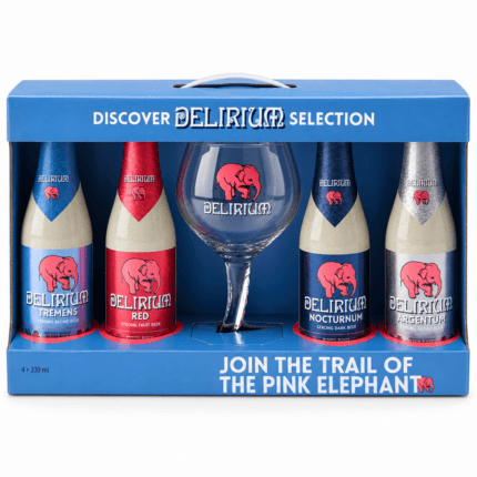 Estuche Delirium Discovery con cuatro cervezas y copa oficial