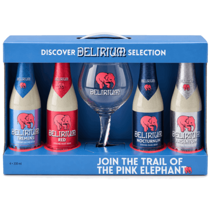 Estuche Delirium Discovery con cuatro cervezas y copa oficial