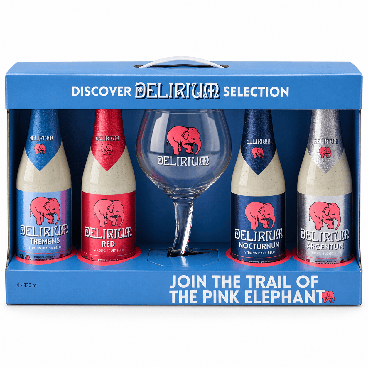 Estuche Delirium Discovery con copa Estuche Delirium Discovery con cuatro cervezas y copa oficial