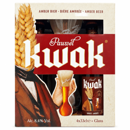 Estuche Kwak con cuatro cervezas, vaso oficial y soporte de madera