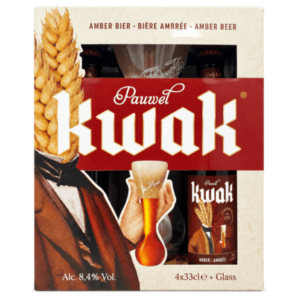 Estuche Kwak con cuatro cervezas, vaso oficial y soporte de madera