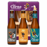 Estuche La Corne con tres cervezas, copa de cuerno y soporte de madera