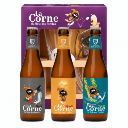 Estuche La Corne con tres cervezas, copa de cuerno y soporte de madera