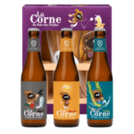 Estuche La Corne con tres cervezas, copa de cuerno y soporte de madera