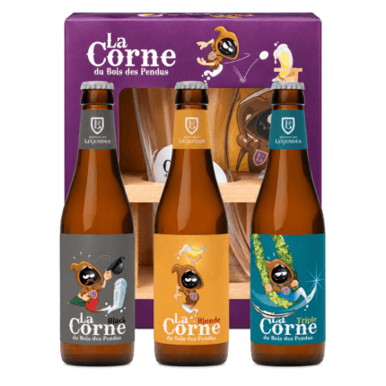 Estuche La Corne con tres cervezas, copa de cuerno y soporte de madera