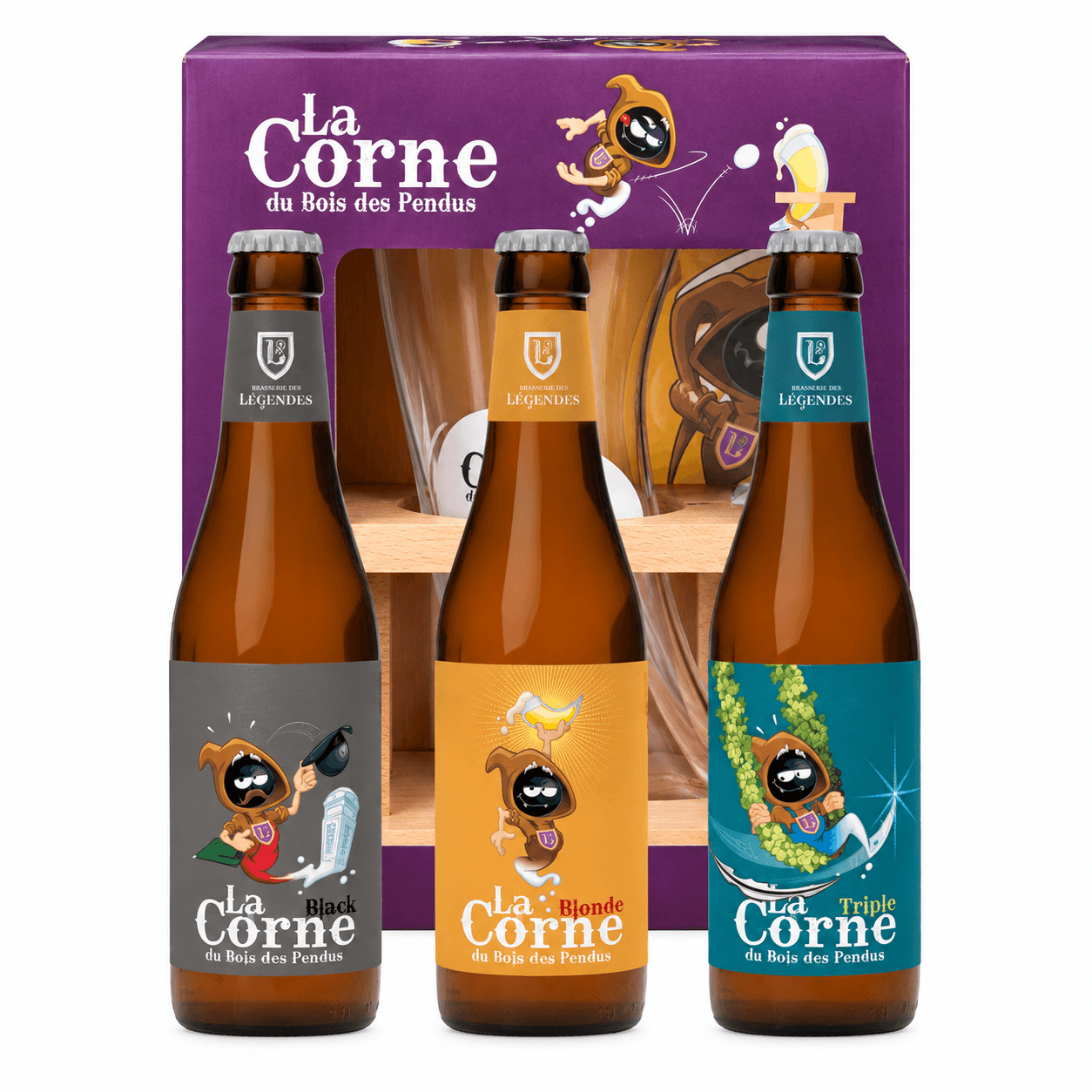 Estuche La Corne con copa y soporte Estuche La Corne con tres cervezas, copa de cuerno y soporte de madera