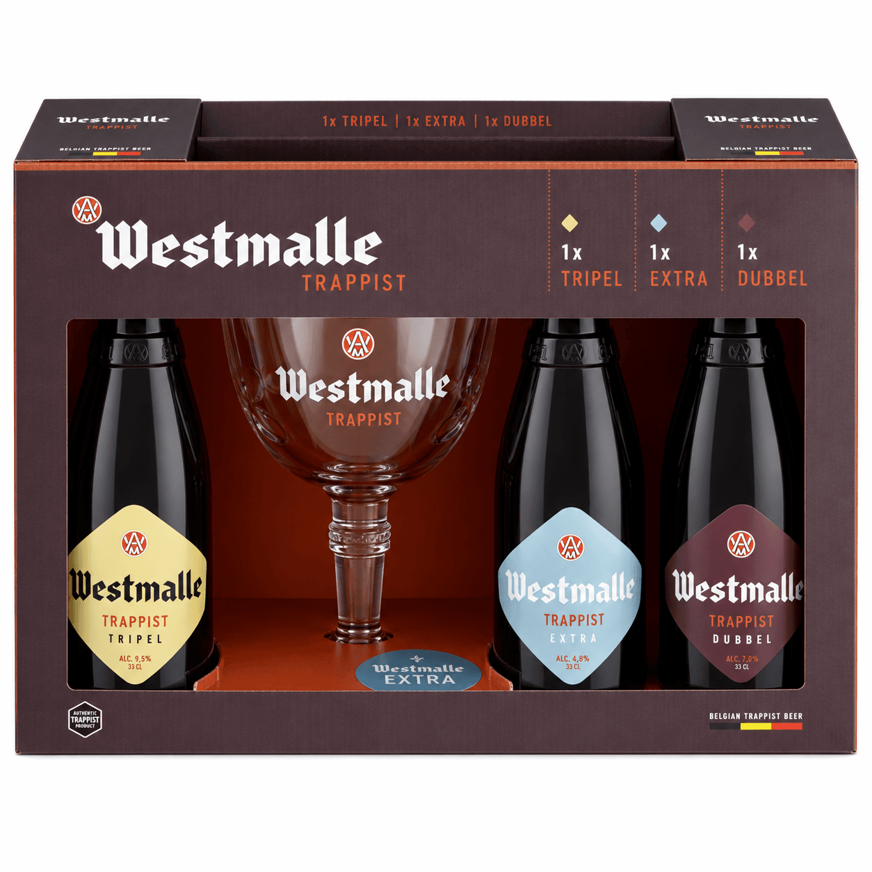 Estuche Westmalle con copa Estuche Westmalle con Extra, Dubbel, Tripel y copa oficial