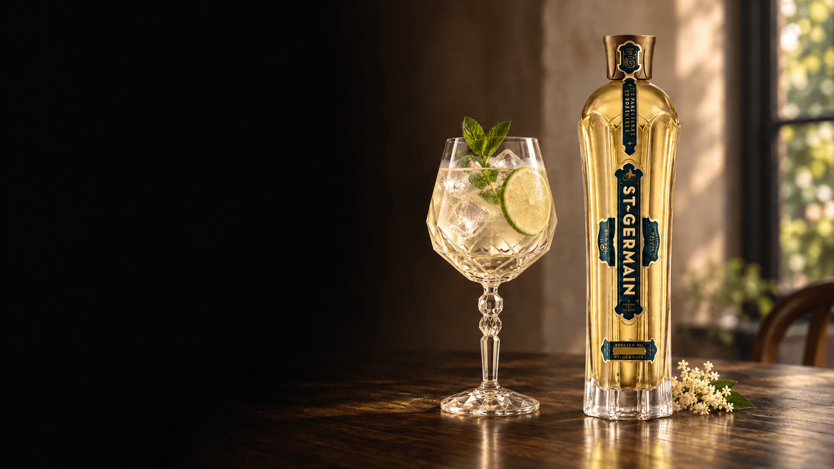 St-Germain con un Hugo Spritz en copa Alkemist y flores de saúco