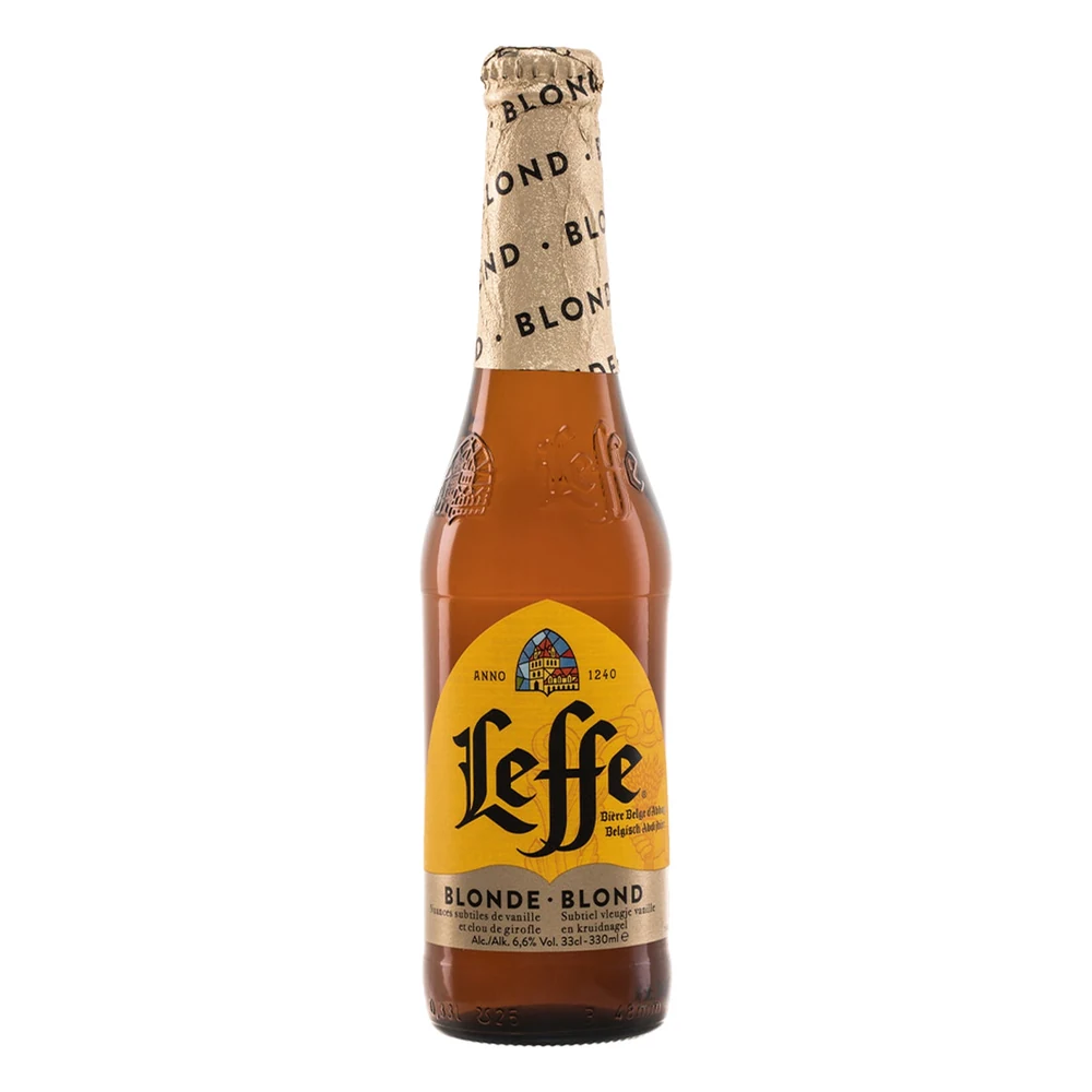 leffe-blonde-33cl-1000 Botella de cerveza Leffe Blonde 33 cl, Blonde Ale de abadía belga de 6,6% vol.
