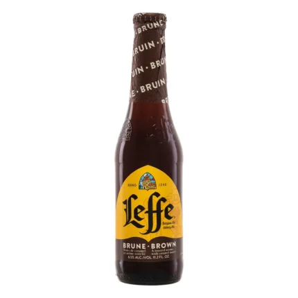 Botella de cerveza Leffe Brune 33 cl, Dubbel de abadía belga de 6,5% vol.