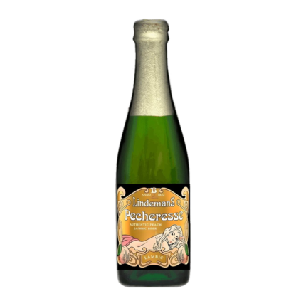 Botella de cerveza Lindemans Pecheresse, lambic de melocotón, sin fondo