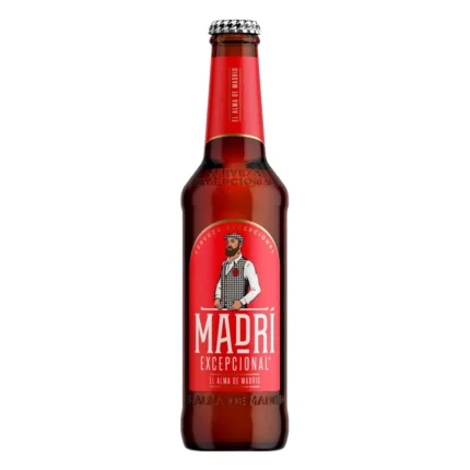 Botella de cerveza Madri Excepcional 33 cl, lager rubia