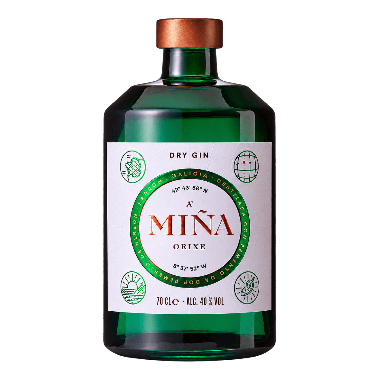 A Miña Orixe Dry Gin 70 cl — botella Botella de A Miña Orixe Dry Gin 70 cl sin fondo