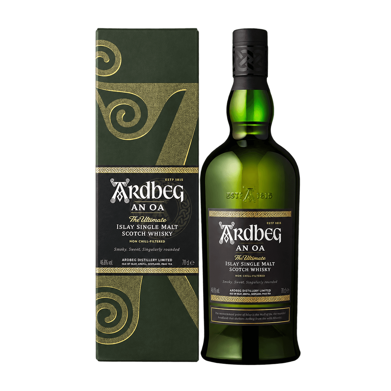 Ardbeg An Oa 70 cl — sin fondo Botella y estuche de Ardbeg An Oa The Ultimate 70 cl sin fondo