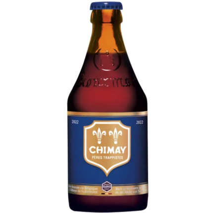 La imagen muestra una cerverza Chimay Azul disponible en the beer club