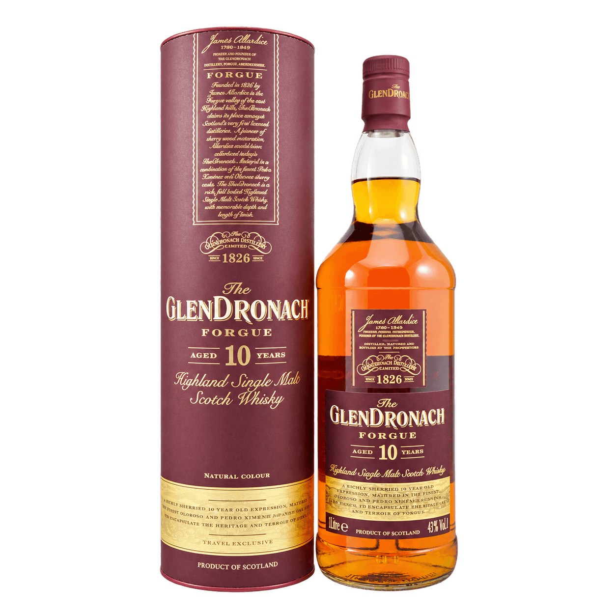 Glendronach Forgue 10 Años 1 L — sin fondo Botella y estuche de Glendronach Forgue 10 Años 1 L sin fondo