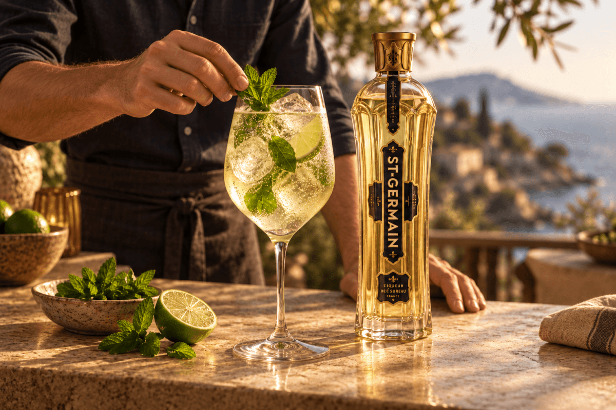 Un barman coloca menta en un Hugo Spritz junto a St-Germain en una terraza mediterránea