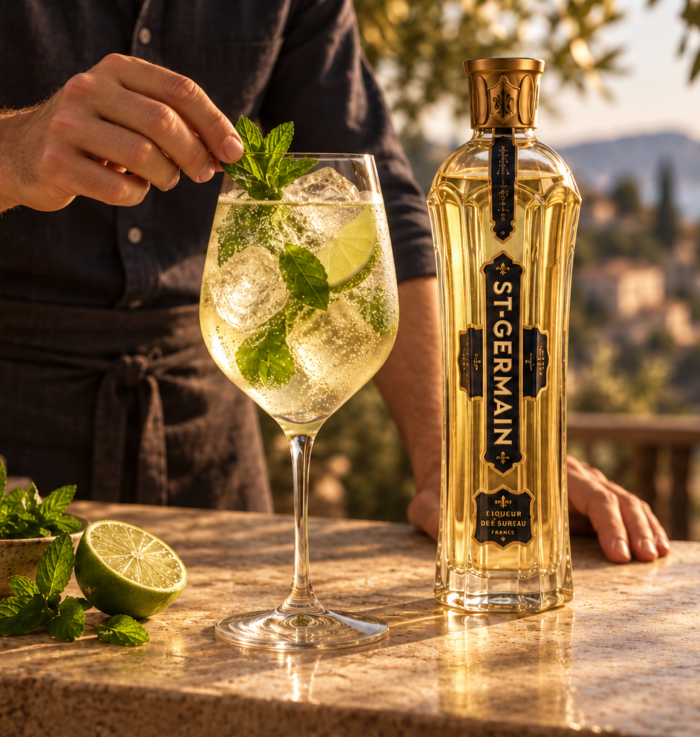Un barman coloca menta en un Hugo Spritz junto a St-Germain en una terraza mediterránea