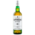 Botella de Laphroaig 10 años de 70cl, recortada sobre fondo transparente