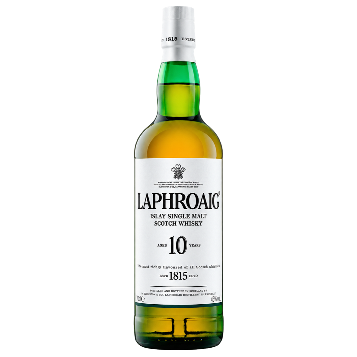 laphroaig-10-anos-70cl Botella de Laphroaig 10 años de 70cl, recortada sobre fondo transparente