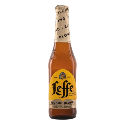 Botella de cerveza Leffe Blonde 33 cl, Blonde Ale de abadía belga de 6,6% vol.