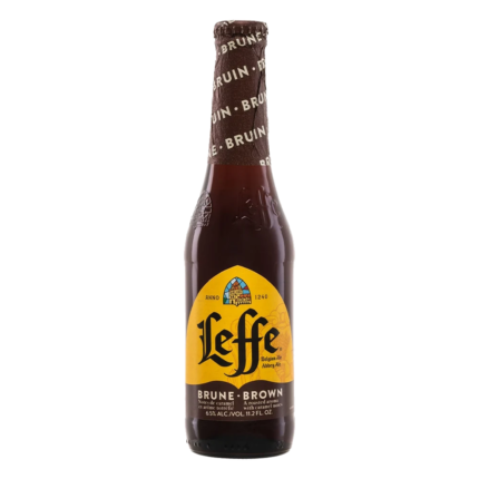 Botella de cerveza Leffe Brune 33 cl, Dubbel de abadía belga de 6,5% vol.