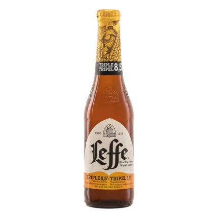 Botella de cerveza Leffe Triple 33 cl, Tripel de abadía belga de 8,5% vol.
