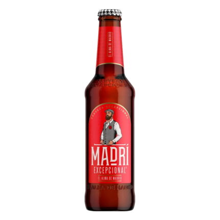 Botella de cerveza Madri Excepcional 33 cl, lager rubia
