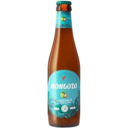 La imagen muestra la cerveza Genera un texto ficha y encabezado siendo fiel a los datos del fabricante de la cerveza Mongozo Coconut disponible en the beer club