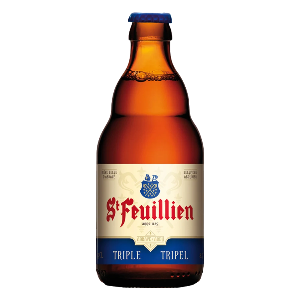 Saint Feuillien Triple 33 cl — sin fondo Botella de cerveza Saint Feuillien Triple 33 cl, Tripel de abadía 8,5% vol.