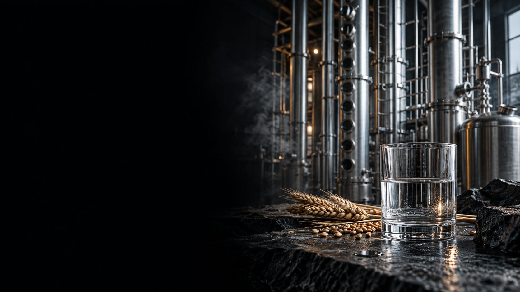 Destilería de vodka con columnas de acero, cereal y una copa